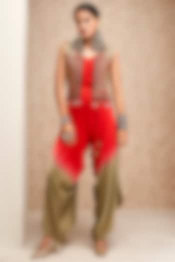 Red & Olive Green Modal Satin Dhoti Jumpsuit With Jacket by Aditi Somani