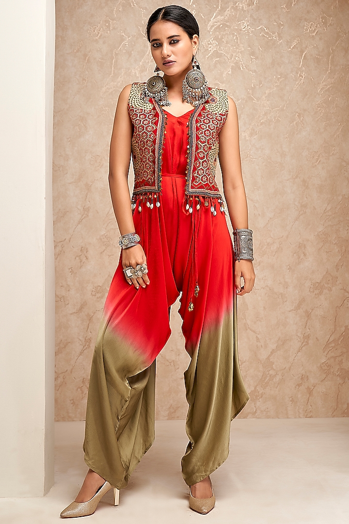 Red & Olive Green Modal Satin Dhoti Jumpsuit With Jacket by Aditi Somani