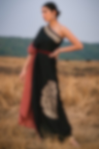 Black & Onion Pink Embroidered One Shoulder Summer Dress by Aditi Somani at Pernia's Pop Up Shop