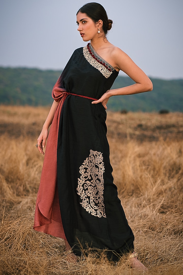 Black & Onion Pink Embroidered One Shoulder Summer Dress by Aditi Somani at Pernia's Pop Up Shop