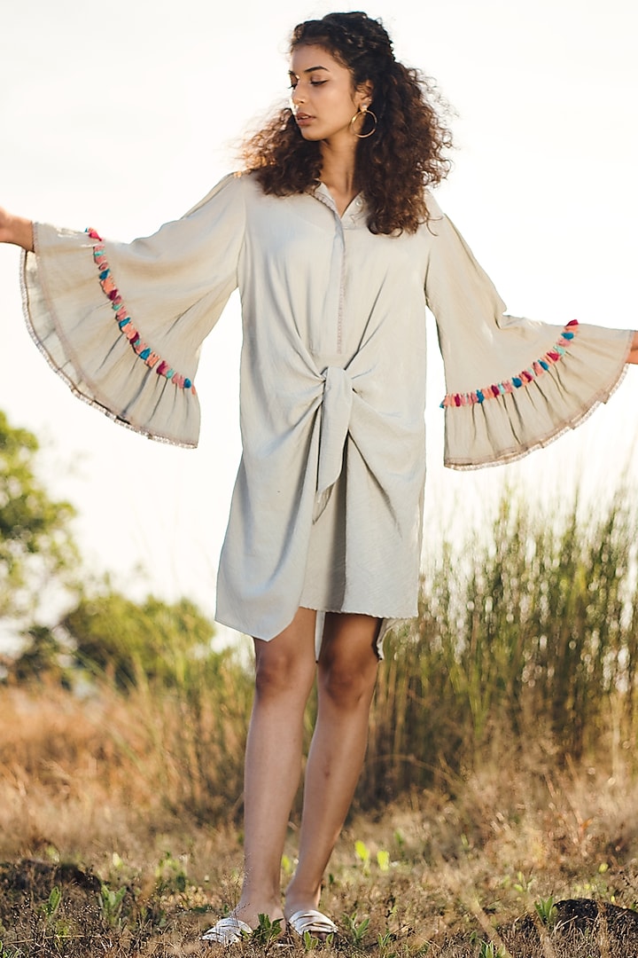 Dull Grey Tunic Dress With Knot by Aditi Somani at Pernia's Pop Up Shop