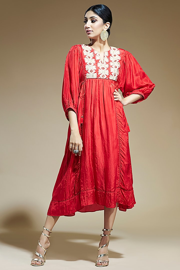 Red Embroidered Tunic Dress by Aditi Somani