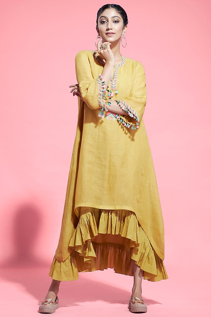 Mustard Yellow Layered Dress With Inner Design by Aditi Somani at