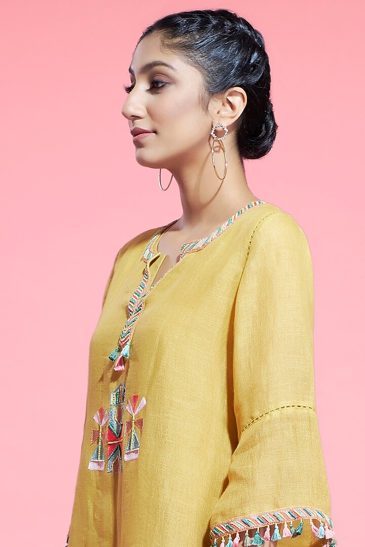 Mustard Yellow Layered Dress With Inner Design by Aditi Somani at