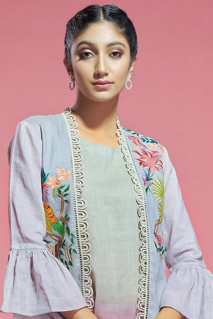 Lilac & Mauve High-Low Tunic Vacation Dress With Embroidered Jacket by Aditi Somani at Pernia's Pop Up Shop