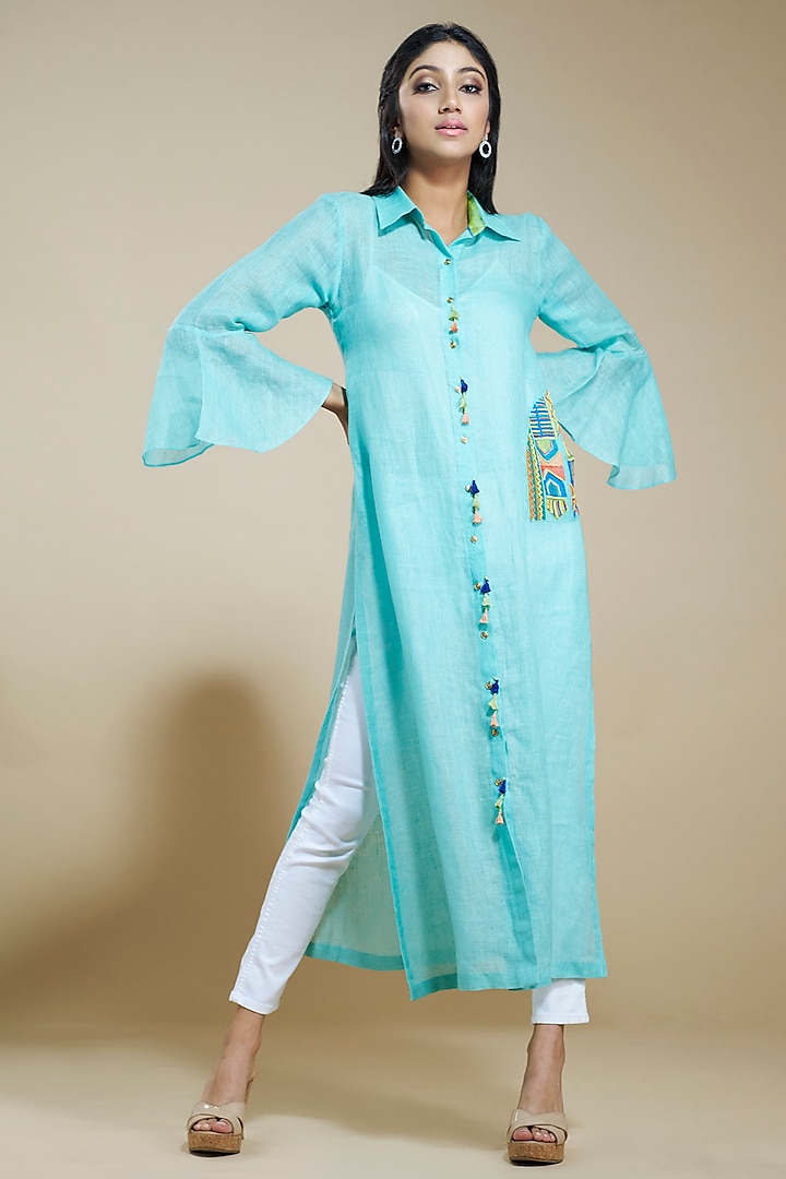 Turquoise Embroidered Tunic by Aditi Somani at Pernia's Pop Up Shop