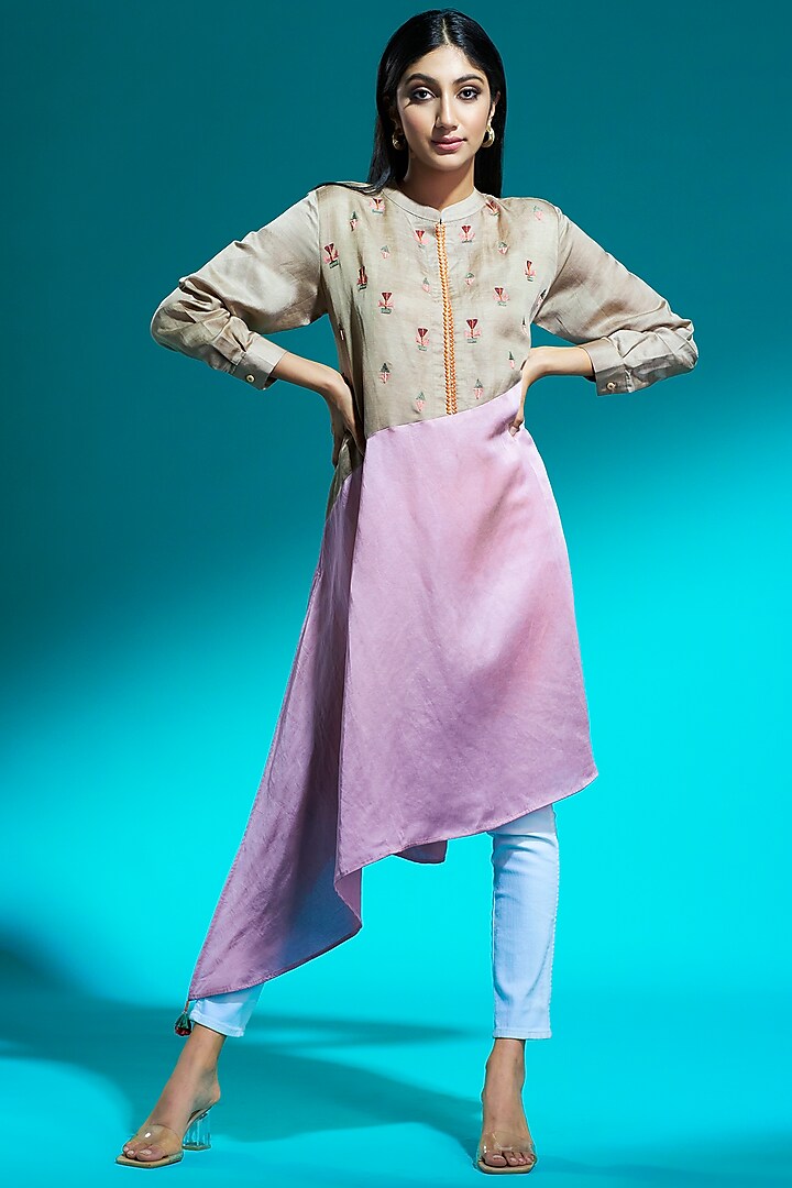 Beige & Lilac Embroidered Asymmetrical Tunic by Aditi Somani