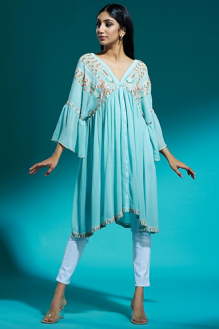 Ice Blue Embroidered Tunic by Aditi Somani at Pernia's Pop Up Shop