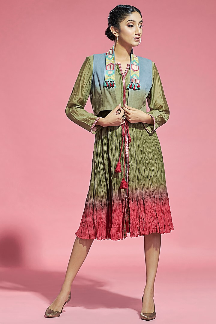 Olive & Red Embroidered Ombre Dress With Jacket  by Aditi Somani