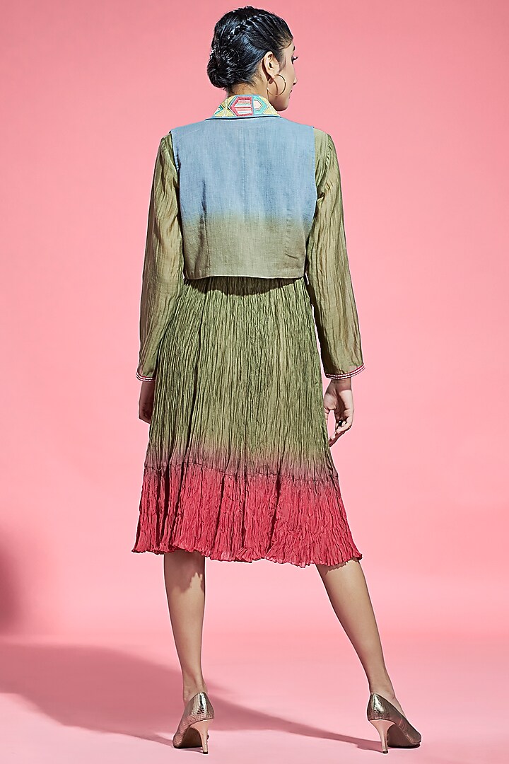 Olive & Red Embroidered Ombre Vacation Dress With Jacket  by Aditi Somani at Pernia's Pop Up Shop