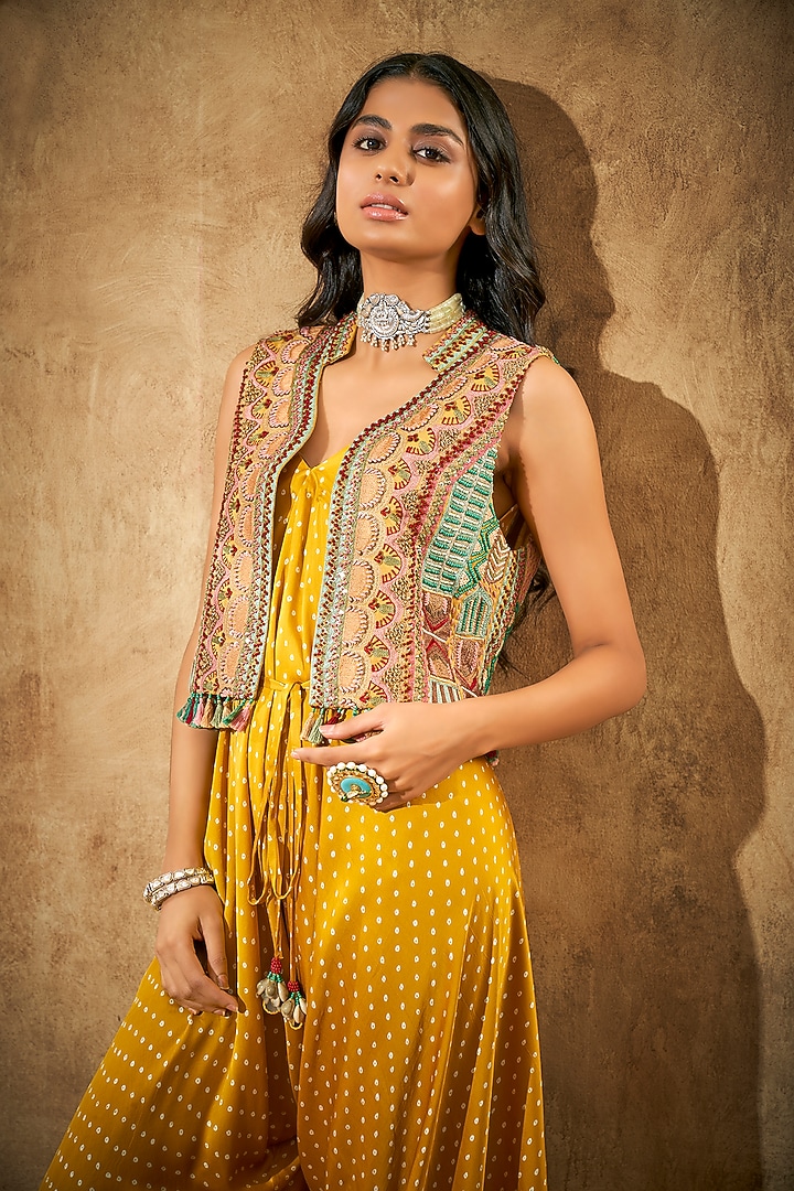 Mustard Modal Satin Jumpsuit With Jacket by Aditi Somani at Pernia's Pop Up Shop