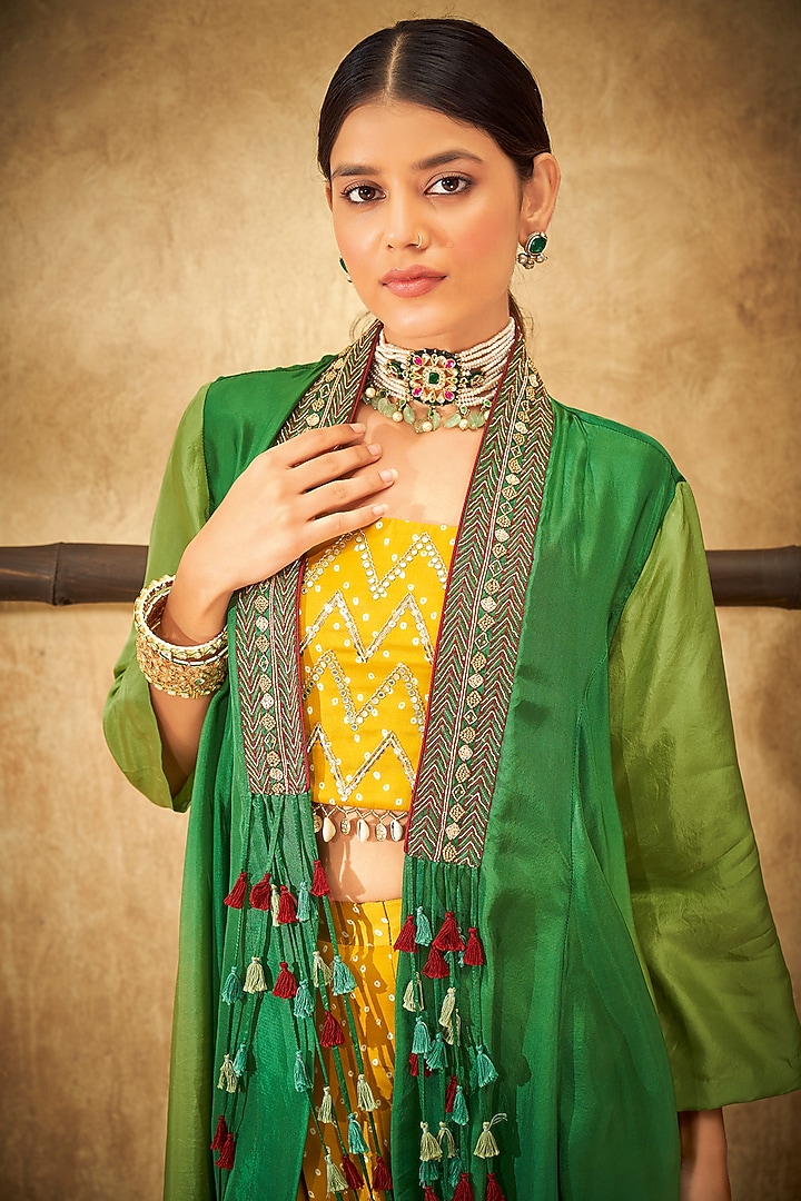 Green Shaded Habutai Silk Cape Set by Aditi Somani at Pernia's Pop Up Shop