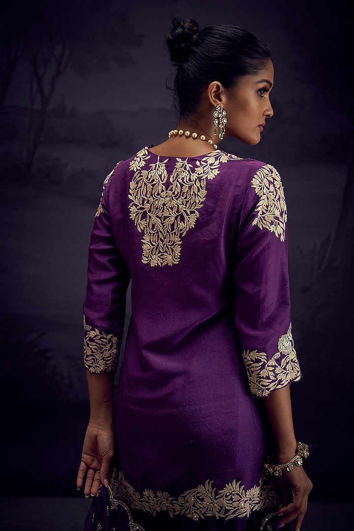 Purple Dupion Silk Cutwork Embroidered Tunic Set by Aditi Somani at Pernia's Pop Up Shop