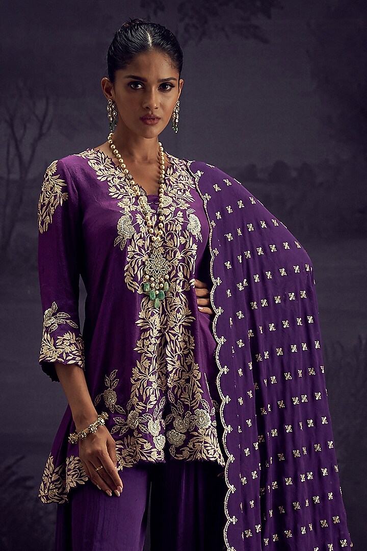 Purple Dupion Silk Cutwork Embroidered Tunic Set by Aditi Somani at Pernia's Pop Up Shop