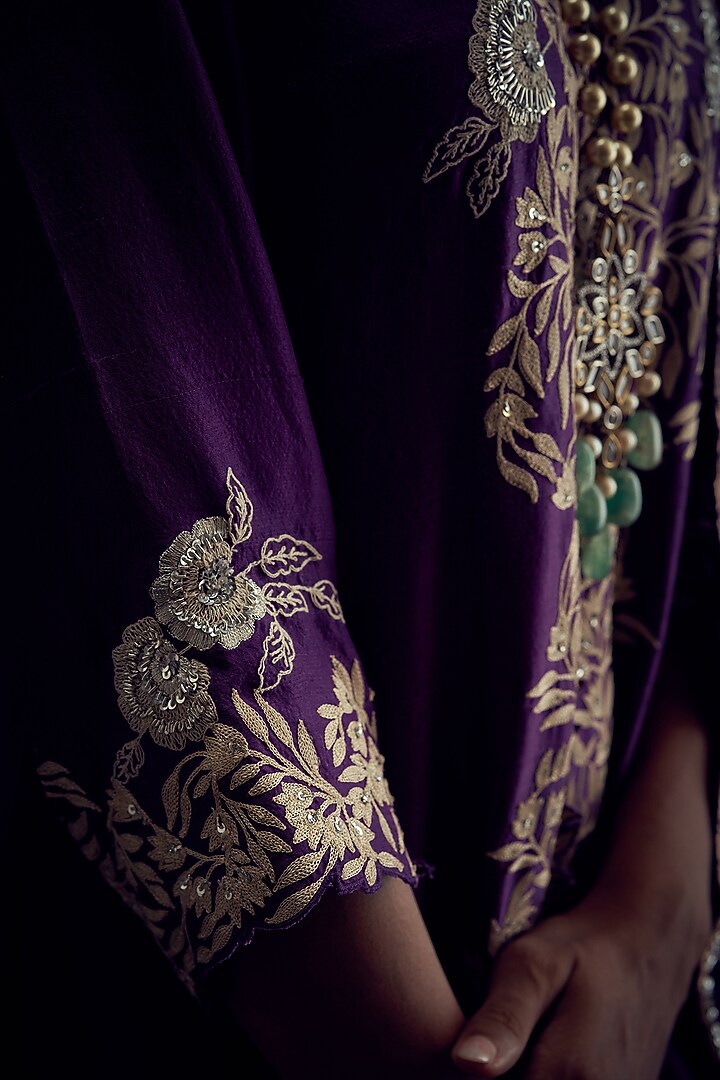 Purple Dupion Silk Cutwork Embroidered Tunic Set by Aditi Somani at Pernia's Pop Up Shop