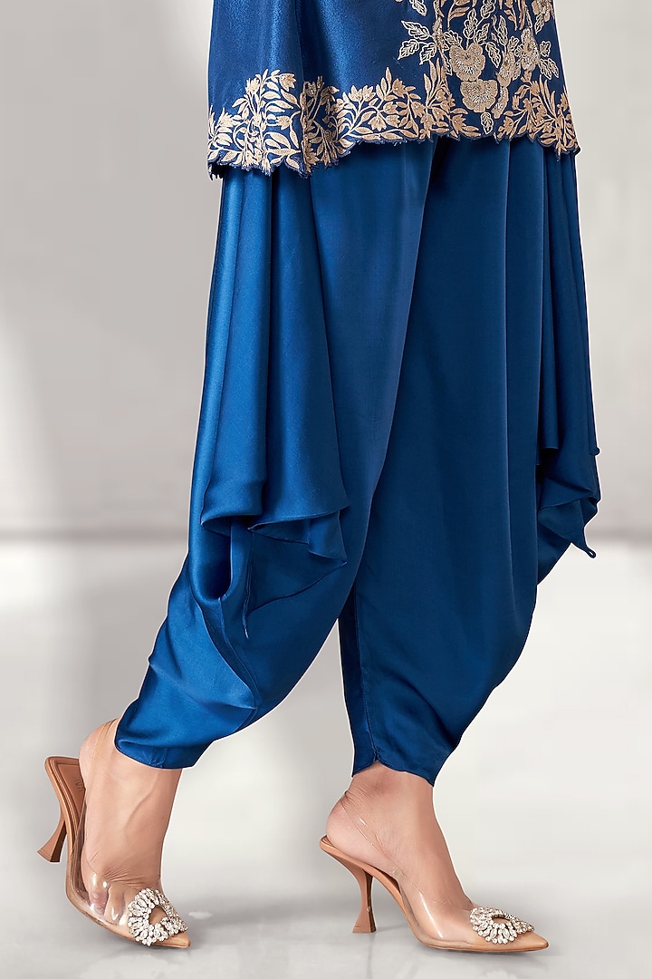 Blue Dupion Silk Cutwork Embroidered Tunic Set by Aditi Somani at Pernia's Pop Up Shop