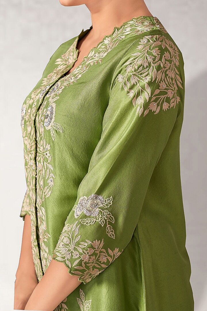 Green Dupion Silk Cutwork Embroidered Tunic Set by Aditi Somani at Pernia's Pop Up Shop