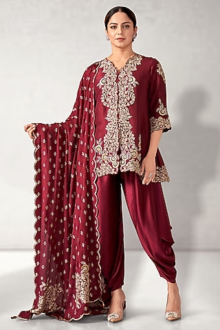 Maroon Dupion Silk Cutwork Embroidered Tunic Set by Aditi Somani