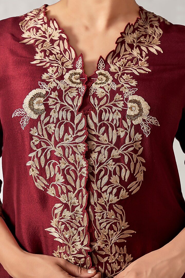 Maroon Dupion Silk Cutwork Embroidered Tunic Set by Aditi Somani at Pernia's Pop Up Shop