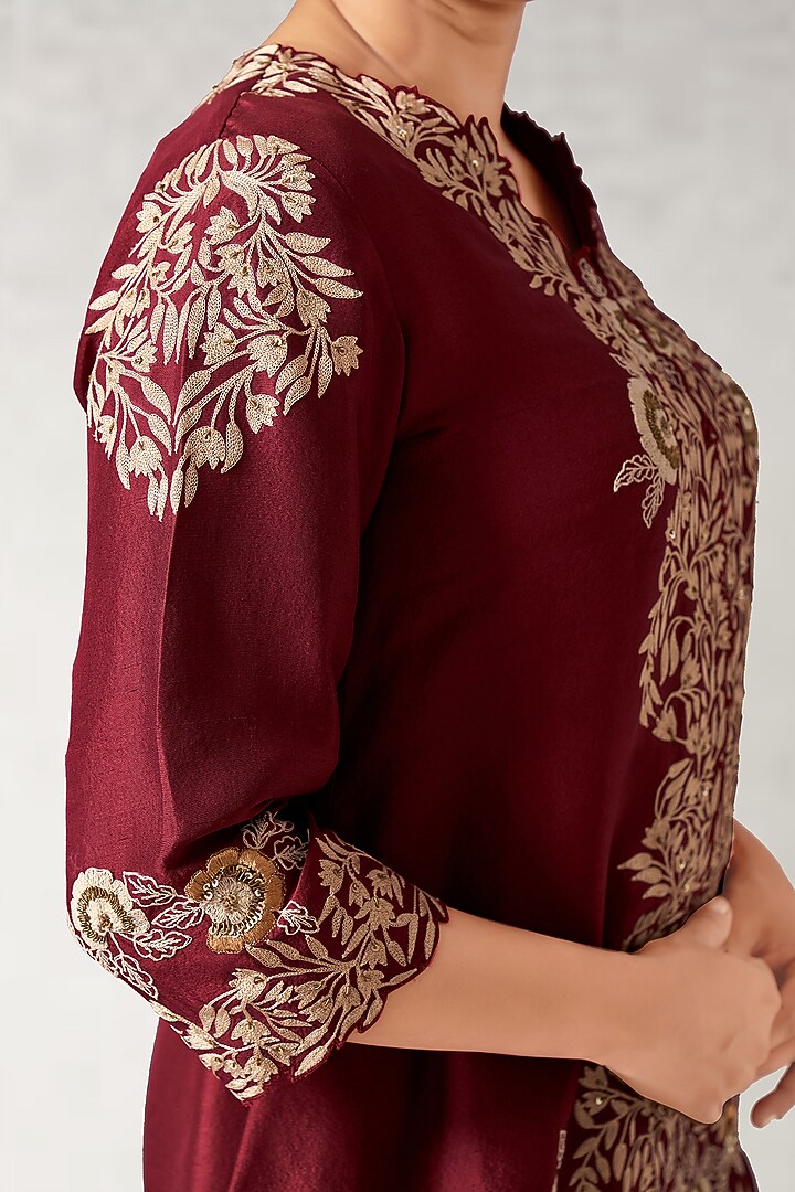 Maroon Dupion Silk Cutwork Embroidered Tunic Set by Aditi Somani at Pernia's Pop Up Shop