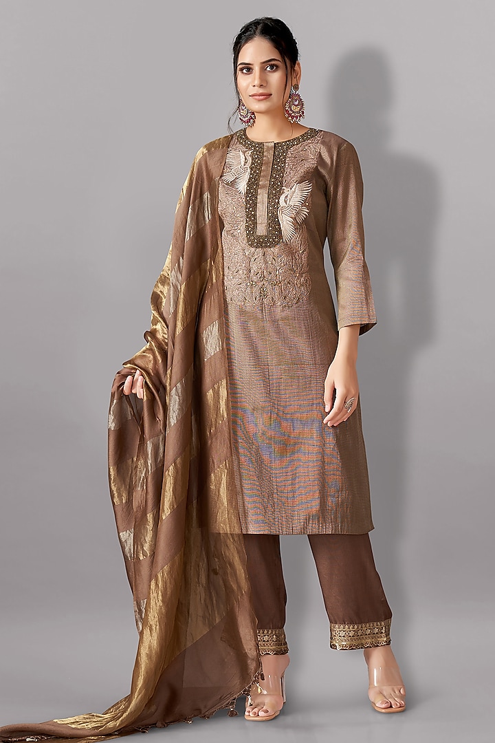 Antique Bronze Tissue Silk Embroidered Kurta Set by Aditi Somani at Pernia's Pop Up Shop