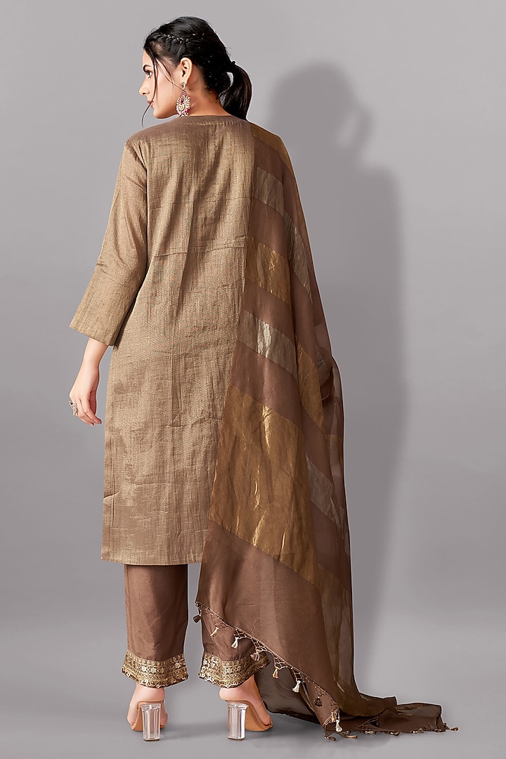 Antique Bronze Tissue Silk Embroidered Kurta Set by Aditi Somani at Pernia's Pop Up Shop