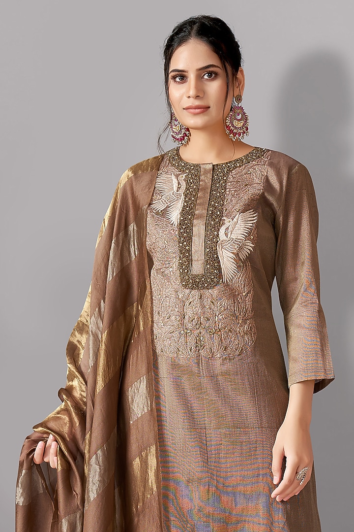 Antique Bronze Tissue Silk Embroidered Kurta Set by Aditi Somani at Pernia's Pop Up Shop
