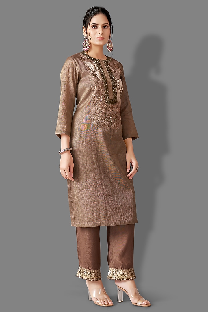 Antique Bronze Tissue Silk Embroidered Kurta Set by Aditi Somani at Pernia's Pop Up Shop