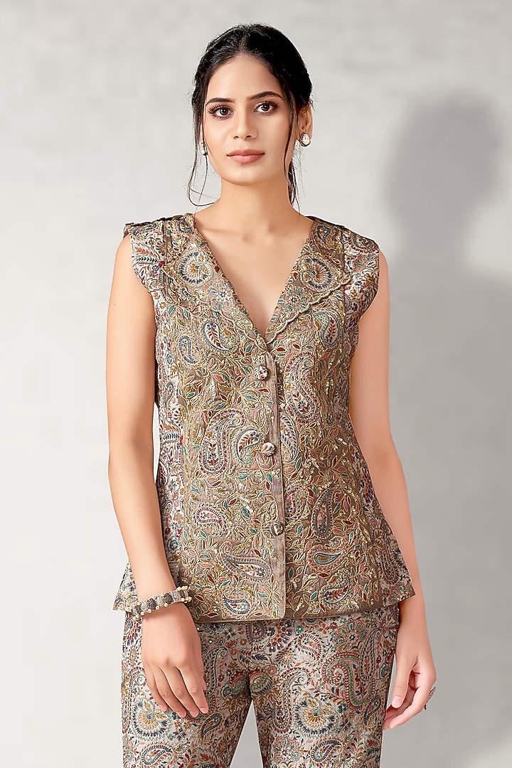 Grey Tissue Silk Embroidered Co-Ord Set by Aditi Somani at Pernia's Pop Up Shop