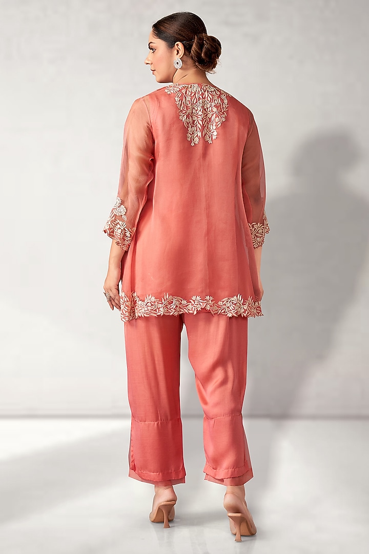 Peach Organza & Modal Satin Embroidered Cape Set by Aditi Somani at Pernia's Pop Up Shop