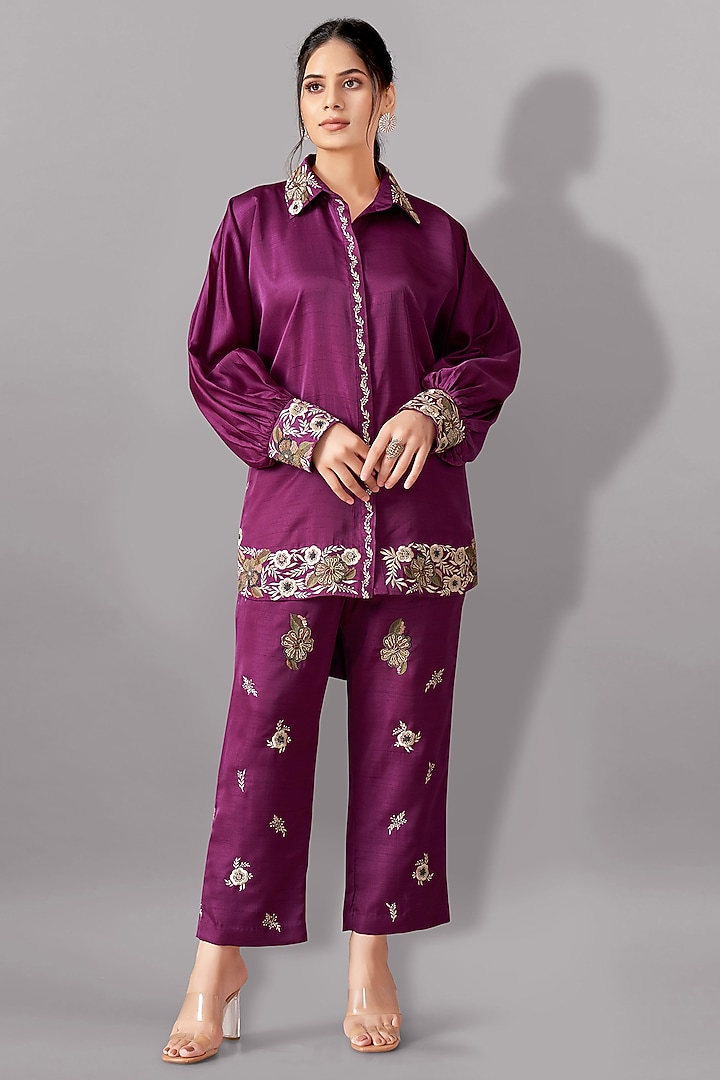 Purple Silk Embroidered Co-Ord Set by Aditi Somani at Pernia's Pop Up Shop