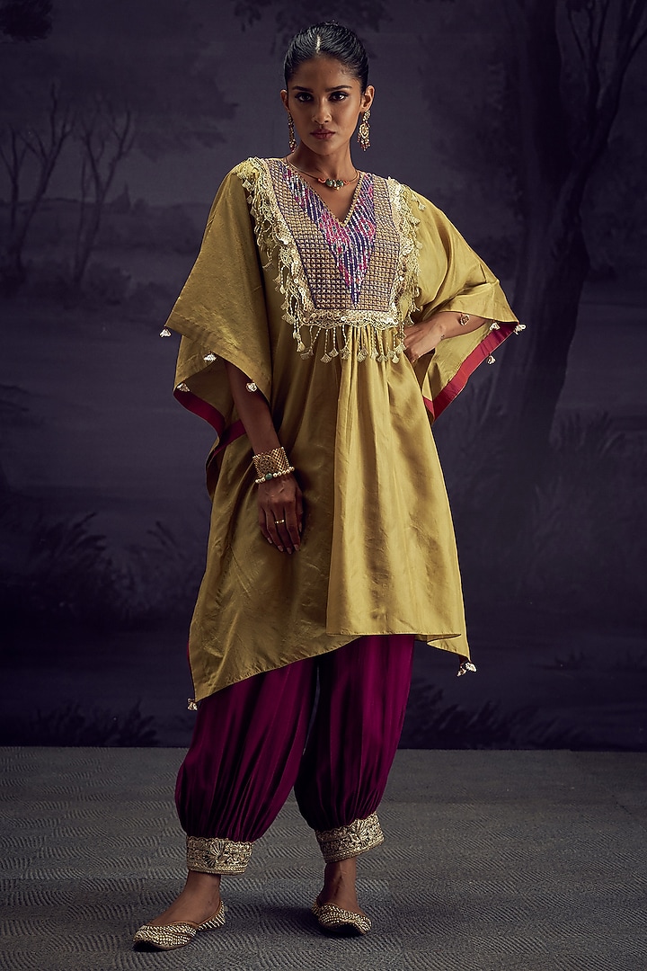 Lime Green Bamboo Silk Kaftan Set by Aditi Somani at Pernia's Pop Up Shop