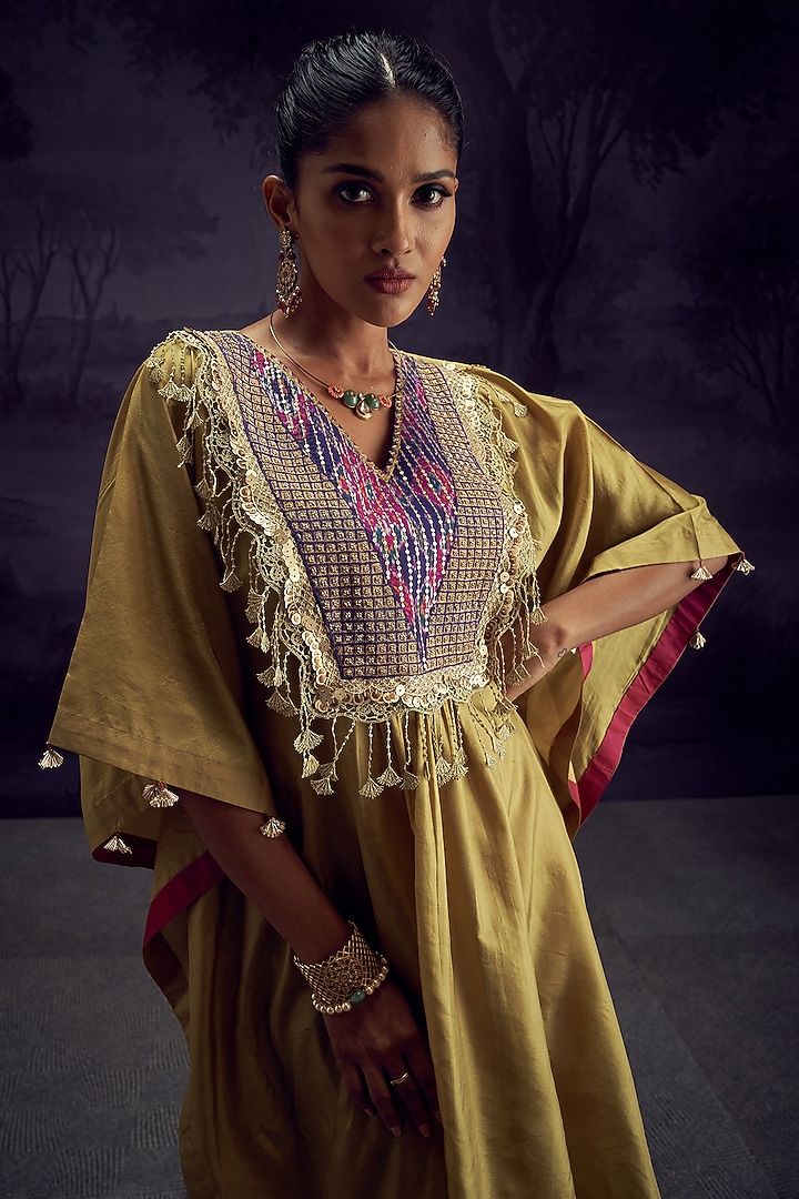 Lime Green Bamboo Silk Kaftan Set by Aditi Somani at Pernia's Pop Up Shop