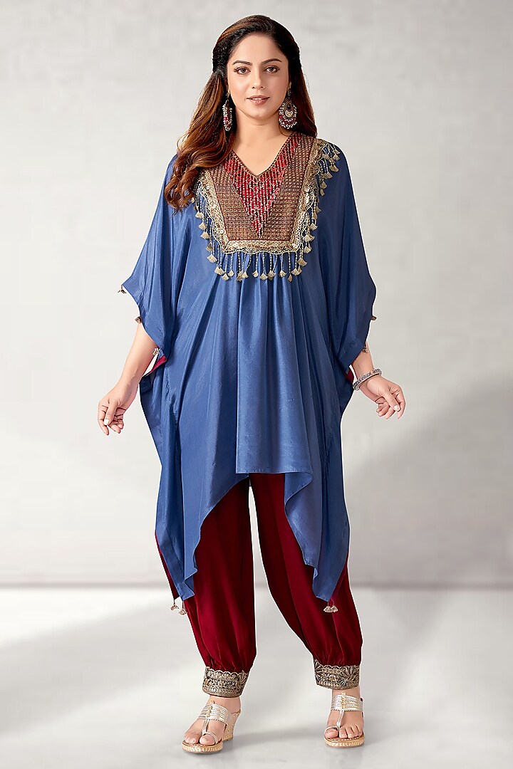 Blue Bamboo Silk Kaftan Set by Aditi Somani at Pernia's Pop Up Shop