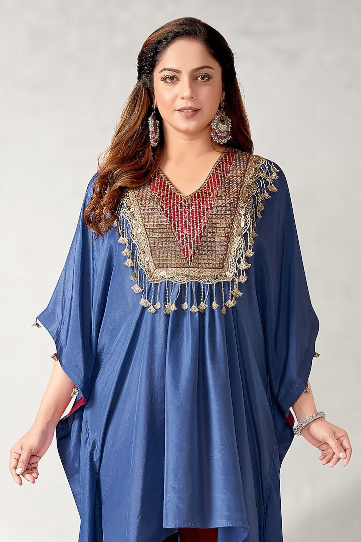 Blue Bamboo Silk Kaftan Set by Aditi Somani at Pernia's Pop Up Shop