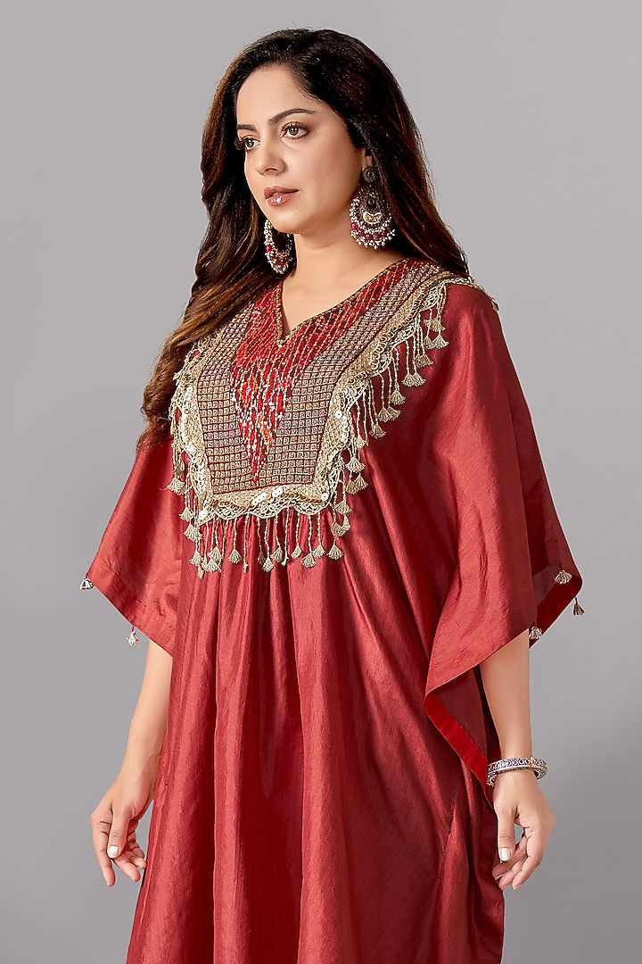 Dark Peach Bamboo Silk Kaftan Set by Aditi Somani at Pernia's Pop Up Shop