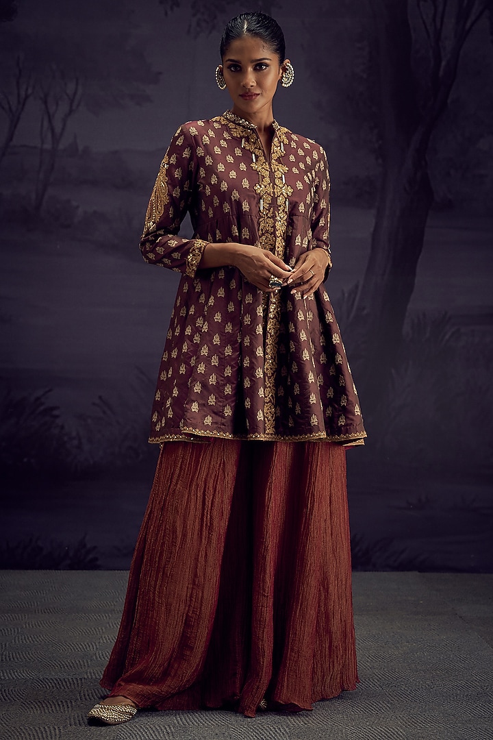 Brown Cotton Silk Embroidered Tunic Set by Aditi Somani at Pernia's Pop Up Shop