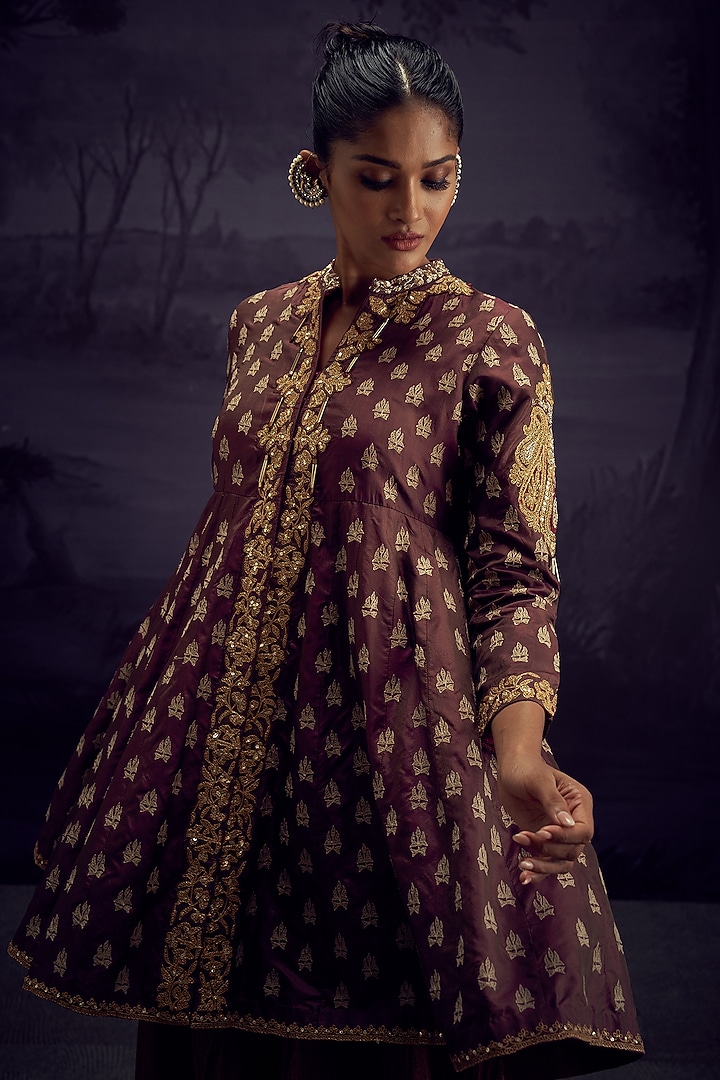 Brown Cotton Silk Embroidered Tunic Set by Aditi Somani at Pernia's Pop Up Shop