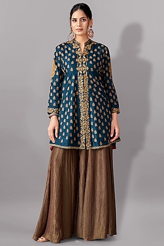 Teal Cotton Silk Embroidered Tunic Set by Aditi Somani