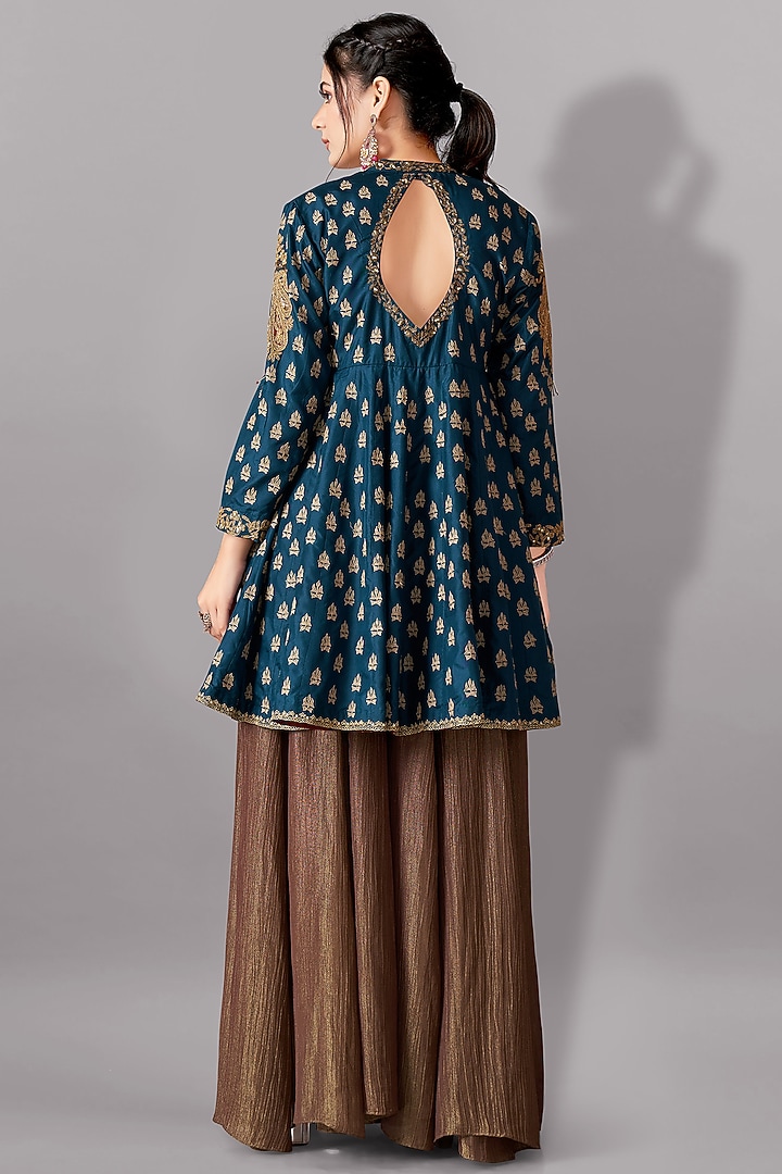 Teal Cotton Silk Embroidered Tunic Set by Aditi Somani at Pernia's Pop Up Shop