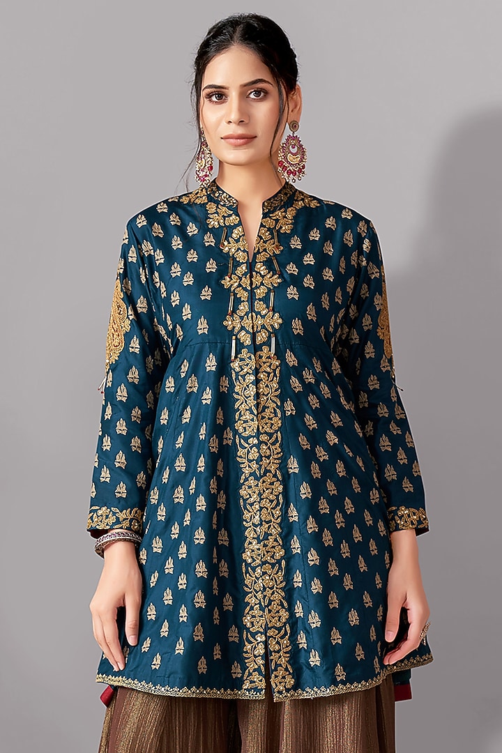 Teal Cotton Silk Embroidered Tunic Set by Aditi Somani at Pernia's Pop Up Shop