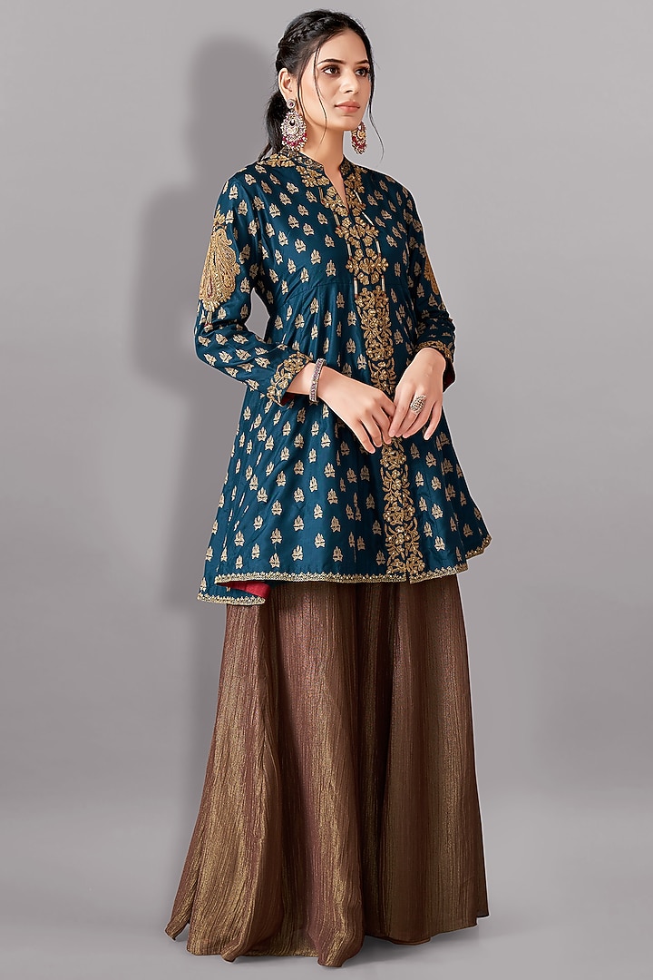 Teal Cotton Silk Embroidered Tunic Set by Aditi Somani at Pernia's Pop Up Shop