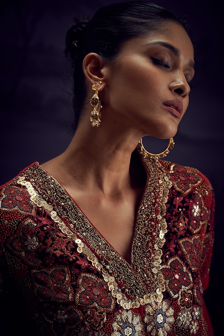 Red Cotton Silk Embroidered Kurta Set by Aditi Somani at Pernia's Pop Up Shop