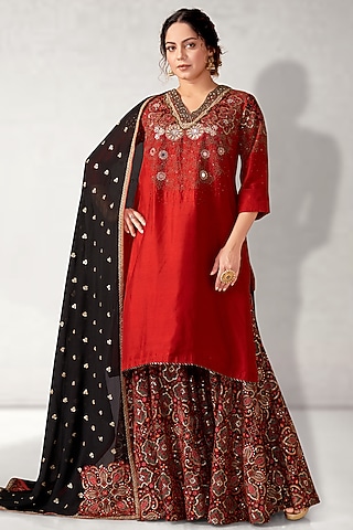 Rust Cotton Silk Embroidered Kurta Set by Aditi Somani