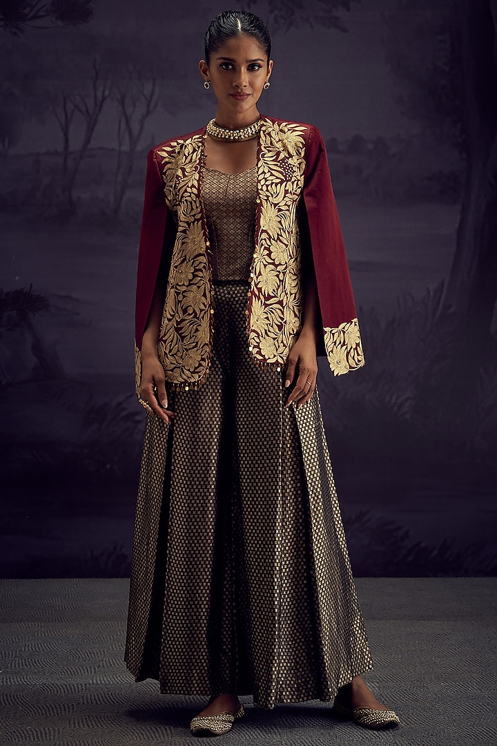 Maroon Satin Linen Aari Embroidered Jacket Set by Aditi Somani at Pernia's Pop Up Shop