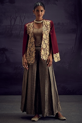 Maroon Satin Linen Aari Embroidered Jacket Set by Aditi Somani