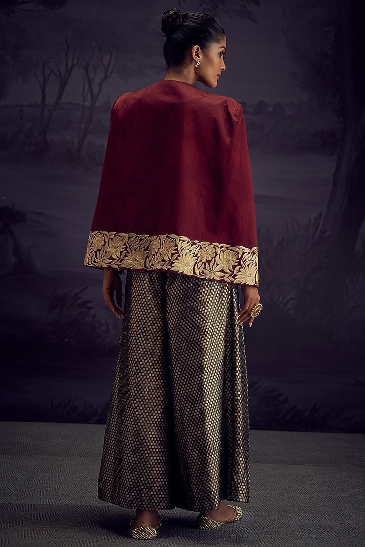 Maroon Satin Linen Aari Embroidered Jacket Set by Aditi Somani at Pernia's Pop Up Shop