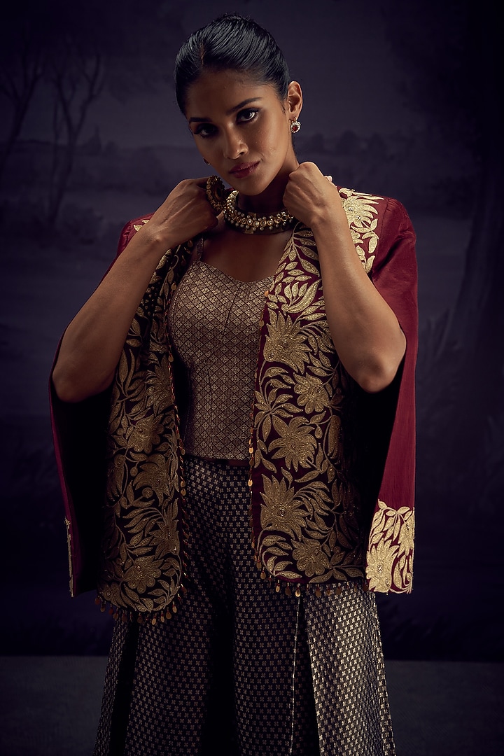 Maroon Satin Linen Aari Embroidered Jacket Set by Aditi Somani at Pernia's Pop Up Shop
