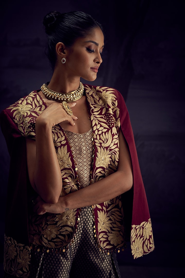 Maroon Satin Linen Aari Embroidered Jacket Set by Aditi Somani at Pernia's Pop Up Shop