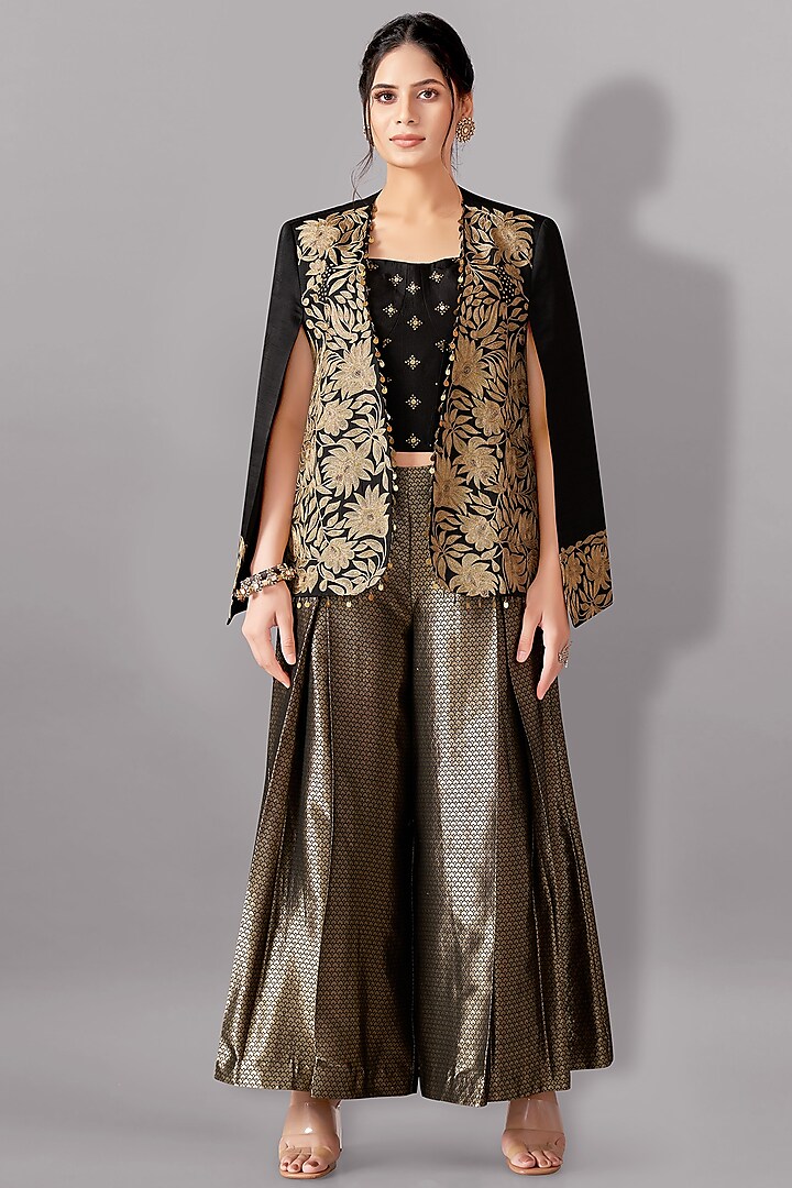 Black Satin Linen Aari Embroidered Jacket Set by Aditi Somani at Pernia's Pop Up Shop